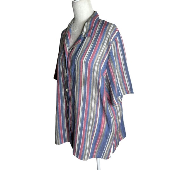 Vintage 90s Striped Button Up Shirt XL Short Sleeve Lightweight Collared - Picture 3 of 6